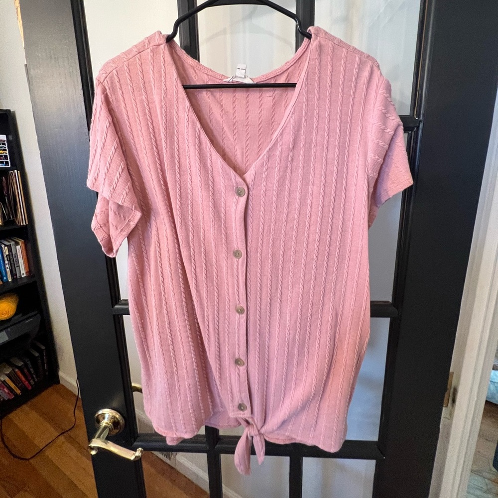 XXL pink sweater short sleeve blouse button down with front tie